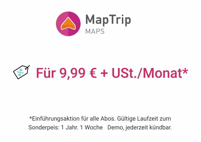 Image of a price tag of 9.99 euro per month with the MapTrip logo